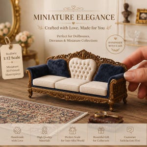 Peut inclure: Un canapé miniature à l'échelle 1:12 avec un cadre en bois orné. Le canapé présente des coussins crème, des accoudoirs et des coussins bleu marine, et est étiqueté "Miniature Elegance". L'image comprend également un tapis miniature.