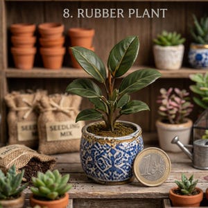 Op de afbeelding: Een kleine rubberplant in een keramische pot met blauw-witte patronen. De plant heeft grote, donkergroene bladeren. De afbeelding bevat een euromunt ter schaal en de tekst "8. RUBBER PLANT". Andere kleine potplanten en tuinbenodigdheden staan op de achtergrond.