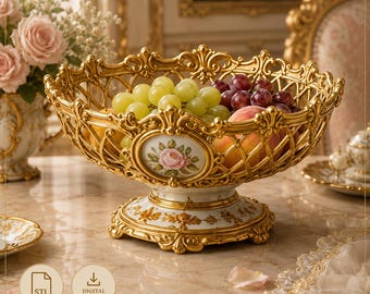 Miniature Rococo Fruit Basket, 1:12 Dollhouse Centerpiece Prop, Victorian Dining Diorama