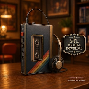 May include: A dark blue portable cassette player with a rainbow stripe design, featuring a central cassette window, a black headphone cable, and attached gold-toned headphones. A decorative sign displays the text STL DIGITAL DOWNLOAD.