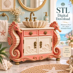 May include: A miniature bathroom vanity featuring two large seahorse-shaped side supports in coral and cream. The cabinet has two drawers with shell-shaped pulls and two doors with seahorse handles. A scalloped shell sink sits on top.