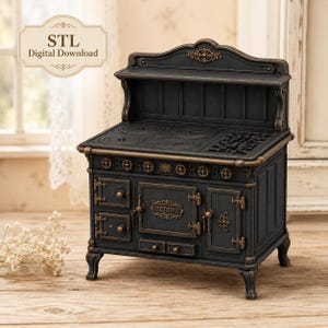 Victorian Cast Iron Range Stove STL File, Dollhouse Kitchen Oven, Miniature Cooker