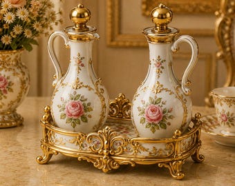 Miniature Rococo Oil Cruet Set, 1:12 Dollhouse Kitchen Prop, Victorian Dining Decor