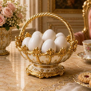 May include: A white ceramic basket with a gold twisted handle and ornate gold filigree trim around the rim and base. The basket is filled with several smooth, solid white eggs. The base is circular and features intricate gold detailing.