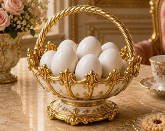Miniature Crown Egg Basket, 1:12 Dollhouse Kitchen Prop, Royal Breakfast Decor