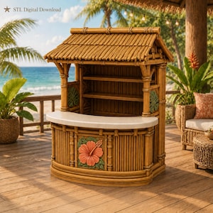 Puede incluir: Una estructura de bar estilo tiki con techo de paja, pilares con textura de bambú y una encimera blanca lisa. El panel frontal muestra una gran flor de hibisco naranja tallada con hojas verdes y el texto STL Digital Download.