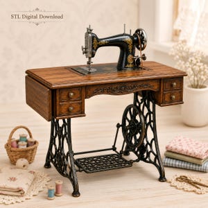 Vintage Sewing Machine STL File, Dollhouse Treadle Table, Miniature Sewing Room Decor