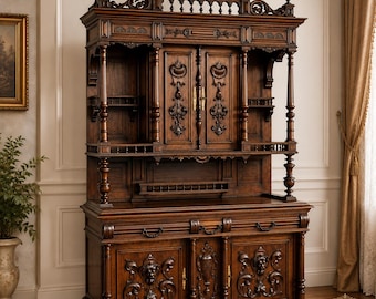 May include: A dark brown wooden hutch featuring intricate carvings, two upper cabinet doors, open shelving, and a lower base with three drawers and two cabinet doors. The piece displays ornate scrollwork, finials, and metal hardware pulls.
