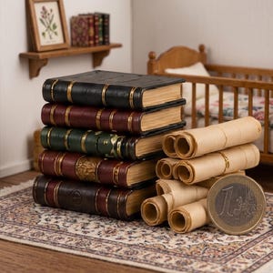 May include: A stack of miniature books with leather-bound covers in black, burgundy, and green, accented with gold trim. Beside the books are rolled scrolls and a one Euro coin, all on a patterned rug. A small framed picture and shelf are in the background.