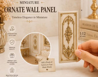 May include: Miniature ornate wall panel with a cream and gold design. The panel features intricate floral and scrollwork details. The text on the panel reads "Timeless Elegance in Miniature". The scale is 1:12. Perfect for dollhouses, dioramas, and miniature collections.