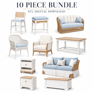 May include: A 10 piece bundle of furniture models featuring the text 10 PIECE BUNDLE STL DIGITAL DOWNLOAD. The collection includes chairs, sofas, a coffee table, nightstands, and a storage bench with white, light blue, and natural wood finishes.