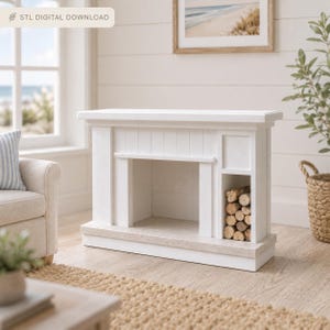 Può includere: Un modello di camino bianco con design a pannelli verticali, un ripiano superiore piatto e uno scomparto laterale riempito con piccoli tronchi di legno impilati. La struttura include un'apertura rettangolare e una base chiara.