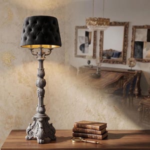 May include: An ornate floor lamp with a dark gray, carved base and stem, topped with a black, button-tufted lampshade with a gold interior. The lamp is on a wooden surface, with books and a magnifying glass nearby.