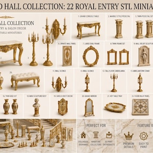 Peut inclure: Collection de 22 miniatures de décoration d'entrée et de salon royales. L'image présente diverses miniatures imprimées en 3D, notamment une console, des socles, un banc, des appliques murales, des cadres, un miroir et des vases. Les miniatures sont dorées et blanches.