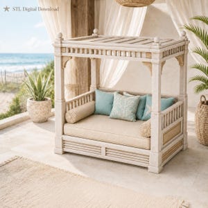 May include: A light-colored wooden daybed with a canopy frame, featuring a beige seat cushion, two cylindrical bolster pillows, and three square throw pillows in shades of teal and white. The text "STL Digital Download" is visible in the top left corner.