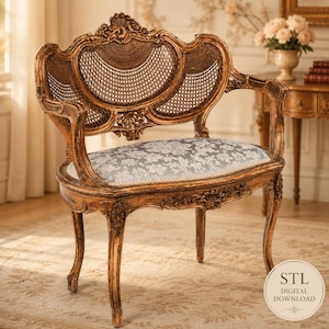 May include: An ornate gold-finished wooden settee featuring a curved backrest with intricate carved details and a woven cane panel. The seat is upholstered in a light blue fabric with a white floral pattern. Includes text: STL DIGITAL DOWNLOAD.