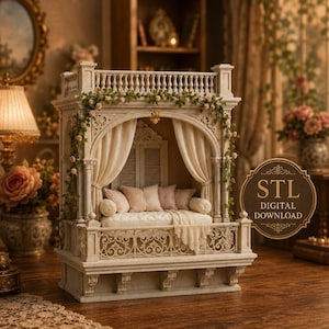 May include: A miniature architectural balcony structure featuring a stone-colored balustrade, arched columns, and draped fabric curtains. The piece includes a cushioned bed with pillows and is adorned with a garland of small pink flowers. Text reads STL DIGITAL DOWNLOAD.