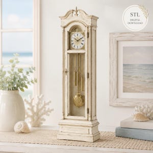 May include: A tall, off-white grandfather clock with a distressed finish, featuring a round clock face with black Roman numerals, two brass-colored weights, and a circular brass pendulum visible through a glass panel in the center.