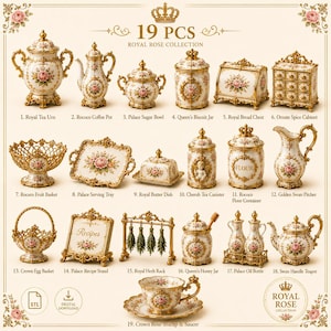May include: A 19-piece Royal Rose collection set featuring white ceramic kitchenware with gold trim and pink floral patterns. Items include a tea urn, coffee pot, sugar bowl, biscuit jar, bread chest, spice cabinet, fruit basket, tray, and teacup.