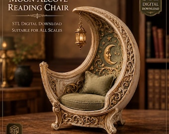 May include: A miniature moon-shaped reading chair featuring ornate cream-colored carvings, a green fabric seat cushion, and a matching back pillow. A small hanging lantern is suspended from the top curve, and the interior back panel displays a gold crescent moon and star motif. Text reads Moon Alcove Reading Chair and STL Digital Download.