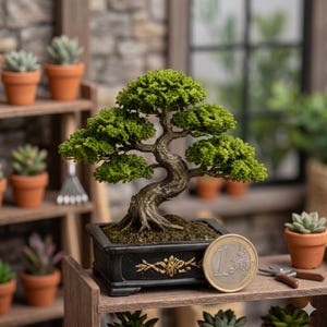 Könnte beinhalten: Ein Miniatur-Bonsai-Baum mit leuchtend grünen Blättern und einem gewundenen Stamm, gepflanzt in einem schwarzen rechteckigen Topf mit goldenen Akzenten. Eine Ein-Euro-Münze liegt zur Größenbestimmung daneben. Weitere kleine Topfpflanzen sind im Hintergrund.
