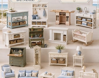Könnte beinhalten: Ein 17-teiliges Set aus Miniatur-Puppenhausmöbeln, bestehend aus einer Kücheninsel, einer Flurbank, einem Schreibtisch, einer Spüle, einem Kamin, einer Wiege, einem Sekretär, einer Standuhr, einem Konsolentisch, einem Nachttisch, Sessel, Sofa und Bett.