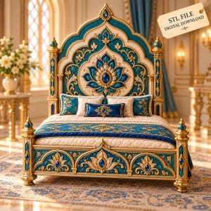 May include: A bed frame featuring an ornate headboard and footboard with teal, gold, and cream floral carvings and blue gemstone accents. The bed is dressed in cream and teal bedding with a blue bolster pillow. Text reads: STL FILE DIGITAL DOWNLOAD.