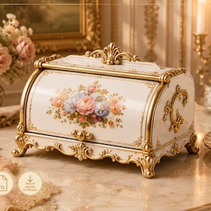 Peut inclure: Une boîte à pain rectangulaire avec un couvercle coulissant, présentant une surface couleur crème ornée d'un bouquet floral central de roses roses et bleues. Le récipient est encadré par des garnitures, des volutes et des pieds dorés.