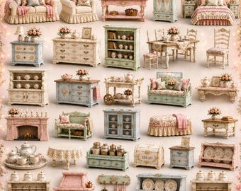 Shabby Chic Dollhouse Furniture Bundle, 1:12 Cottagecore Miniature STL Files