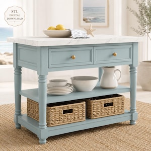 Kitchen Island STL File, Dollhouse Coastal Kitchen Table, Miniature Farmhouse Cabinet