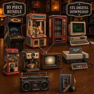 May include: A 10-piece bundle of STL digital download files featuring miniature retro electronics and arcade machines, including a claw machine, vending machine, computer, game console, gumball machine, espresso maker, TV, boombox, and cassette player.