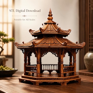 May include: A brown wooden gazebo model featuring an intricate multi-tiered roof with curved eaves, carved pillars, and a railed platform. The text STL Digital Download and Suitable for All Scales is visible above the structure.