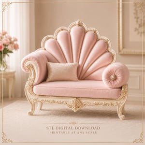 May include: A light pink velvet loveseat with a shell-shaped backrest, ornate cream-colored carved wooden frame, and a matching bolster pillow. The text at the bottom reads: STL DIGITAL DOWNLOAD PRINTABLE AT ANY SCALE.