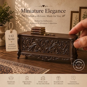 May include: A miniature, dark brown wooden chest with ornate carvings, holding small books and a magnifying glass. The chest is labeled "1:12 Scale" and "Realistic 3D Printed Masterpiece". The text "Miniature Elegance" is also visible.