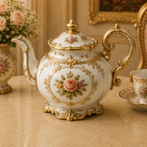 Puede incluir: Una tetera de porcelana blanca con un motivo floral central de rosas rosas y naranjas con hojas verdes, acentuada por un intrincado borde dorado en el asa, el pico, la tapa y la base, con pequeños patrones florales adicionales.