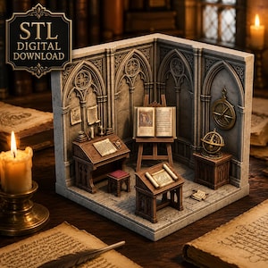 STL-Datei für ein gotisches Skriptorium, mittelalterliches Arbeitszimmer für Puppenhäuser, Diorama einer Miniaturbibliothek