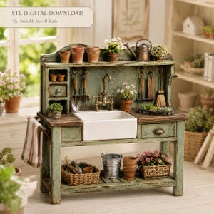 May include: A miniature potting bench with a distressed green finish, featuring a white farmhouse sink, a brass faucet, and a wooden countertop. The unit includes shelves, drawers, and hooks holding small gardening tools, pots, and plants.