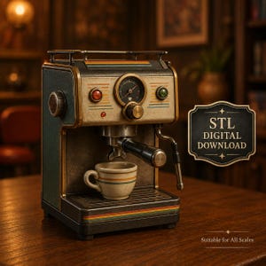 Könnte beinhalten: Eine dunkel gehaltene Espressomaschine mit zentralem Manometer, Siebträger und passender Tasse. Die Maschine hat horizontale rote, gelbe und grüne Streifen, eine rote Betriebsleuchte und einen grünen Knopf. Text: STL DIGITAL DOWNLOAD.