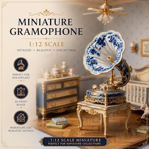 Miniatura gramofonu wiktoriańskiego STL – ozdobny plik cyfrowy domku dla lalek z gramofonem