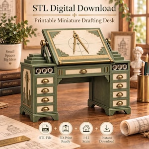 May include: A miniature drafting desk with a green frame and cream-colored drawers, featuring a tilting work surface with a compass graphic. The text reads: STL Digital Download, Printable Miniature Drafting Desk, STL File, 3D Print Ready, 1:12 Scale, Instant Download.