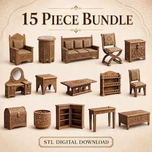 May include: A 15-piece bundle of miniature furniture featuring intricate wood carvings and patterned fabric upholstery. The collection includes chairs, tables, a sofa, a vanity with a mirror, a chest, a bookshelf, and a shelf unit. Text reads 15 PIECE BUNDLE and STL DIGITAL DOWNLOAD.