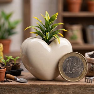 Puede incluir: Una maceta de cerámica en forma de corazón, de color crema, con una pequeña planta verde y amarilla. Una moneda de un euro descansa junto a la maceta. La escena sugiere un tema de jardinería, con pequeñas macetas y herramientas en el fondo.