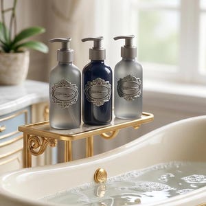 May include: Three decorative soap or lotion dispensers with silver pumps and ornate labels sit on a gold shelf. One bottle is navy blue, the others are frosted. The shelf is near a bathtub.