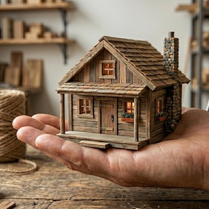 May include: A detailed miniature wooden cabin with a stone chimney, held in a hand. The cabin features a shingled roof, small windows, and a porch. The background includes tools, wood, and a spool of twine, suggesting a craft or woodworking theme.