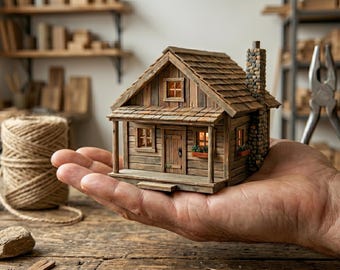 Op de afbeelding: Een gedetailleerde miniatuur houten hut met een stenen schoorsteen, vastgehouden in een hand. De hut heeft een pannendak, kleine ramen en een veranda. De achtergrond bevat gereedschap, hout en een klosje touw, wat wijst op een ambachtelijk of timmer thema.