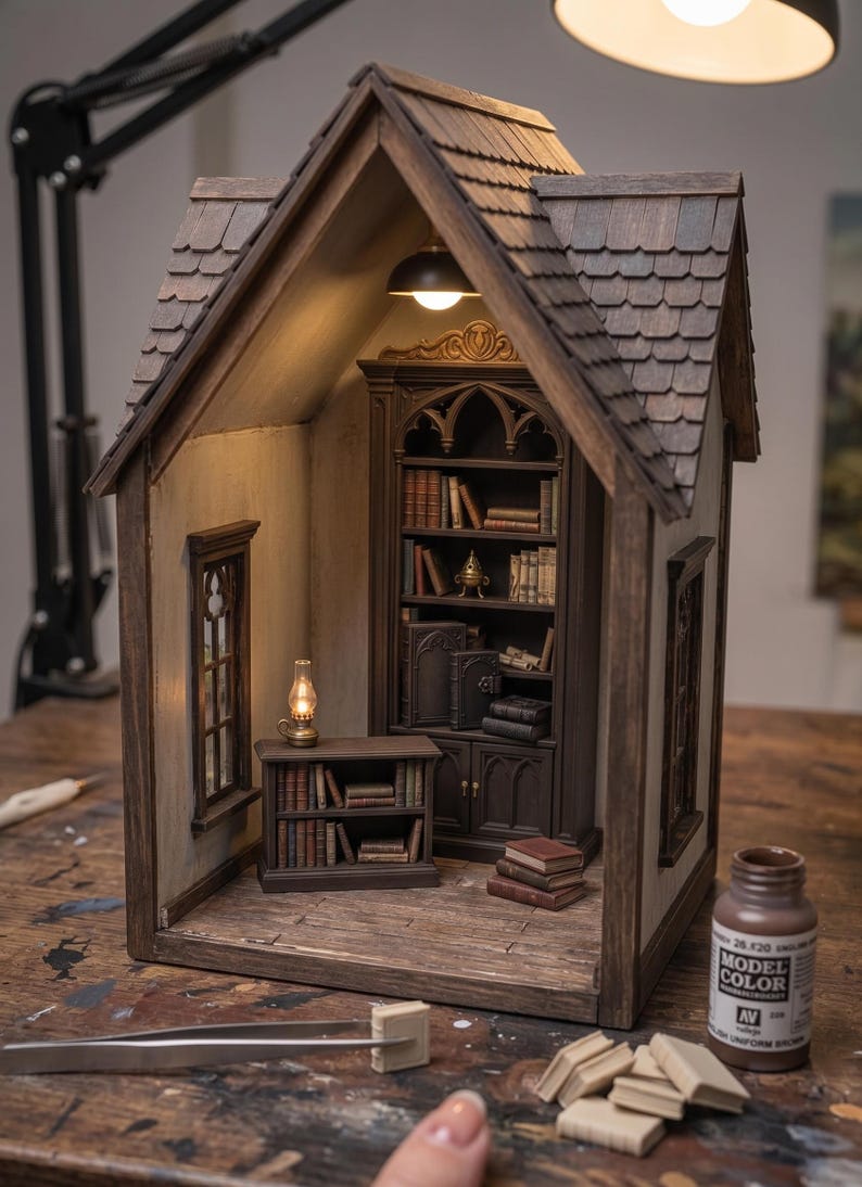 May include: Miniature wooden library diorama with a detailed interior. Features a bookshelf, small table, and books. The diorama has a shingled roof, a window, and a warm interior light. A bottle of Model Color paint is visible.