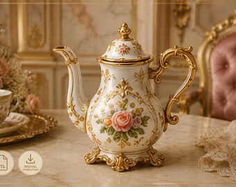 May include: A white porcelain teapot featuring gold-toned ornate scrollwork, a matching lid with a gold finial, and a central floral motif of pink roses and green leaves. The teapot has a curved handle, a long spout, and stands on four gold feet.