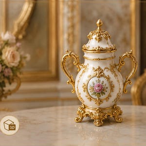 May include: A white porcelain lidded urn featuring ornate gold metal handles, a matching gold base, and a central circular medallion displaying a pink rose with green leaves. The lid is topped with a small gold finial, and the body is decorated with gold filigree accents.