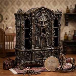 Peut inclure: Un meuble miniature orné, de couleur bronze foncé, avec des visages sculptés et des détails complexes. Le meuble a des étagères ouvertes et des tiroirs. Un petit cheval à bascule, une sacoche en cuir, un jeu de clés et une pièce de monnaie sont devant.