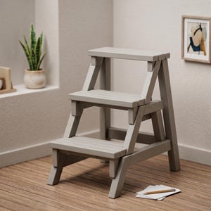 Puede incluir: Un taburete de madera de dos escalones de color gris claro. El taburete está pintado de un color gris claro sólido y tiene un diseño simple y funcional. El taburete está sobre un suelo de madera.